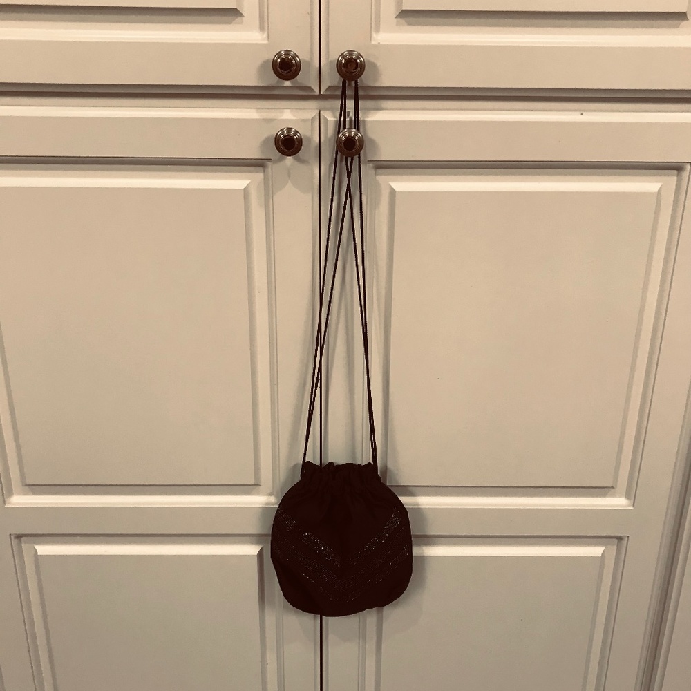 Navy Satin and Beaded Drawstring Evening Bag